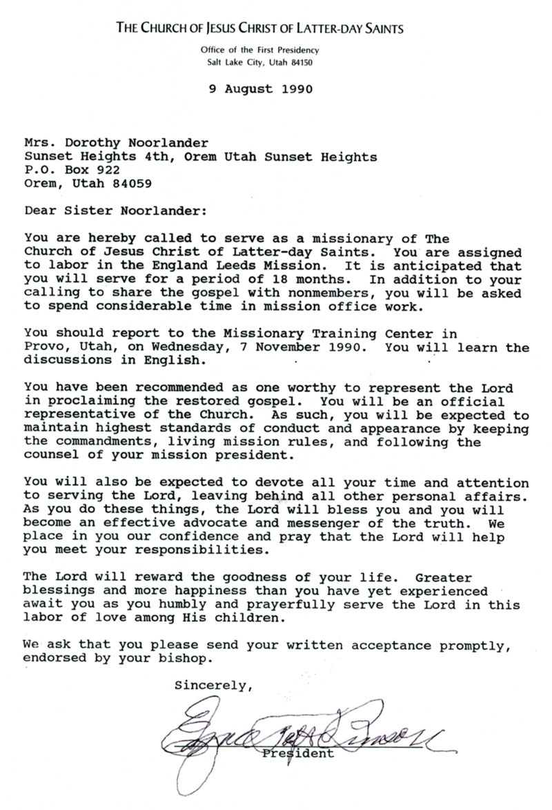 Dorothy Noorlander's mission call